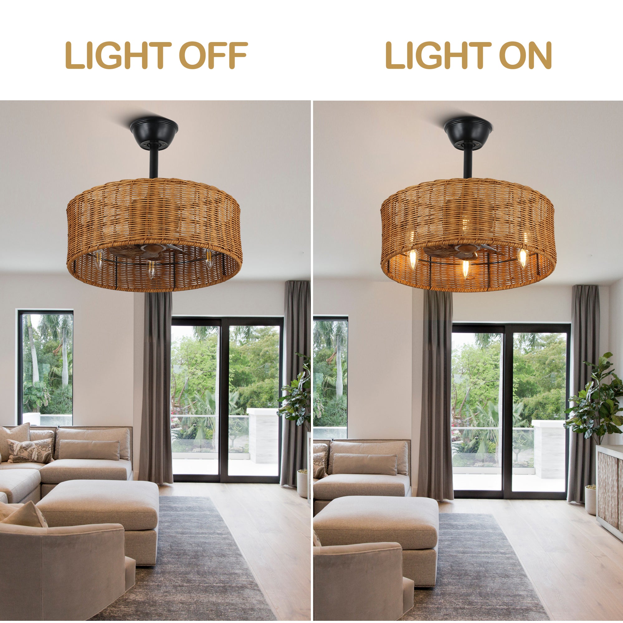18 Inch Farmhouse Rattan Caged Ceiling Fan with Lights and Remote, 6 Speeds DC Motor Bladeless Fandelier Ceiling Fan for Bedroom