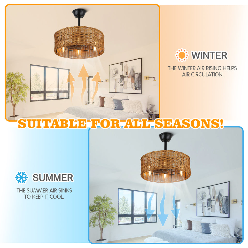 18 Inch Farmhouse Rattan Caged Ceiling Fan with Lights and Remote, 6 Speeds DC Motor Bladeless Fandelier Ceiling Fan for Bedroom
