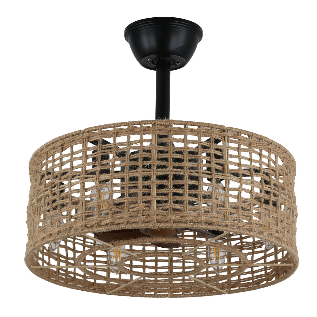 18 Inch Farmhouse Rattan Bladeless Ceiling Fan with Lights and Remote, 3 Speeds Reversible Coastal Caged Fandelier Ceiling Fan