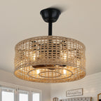 18 Inch Farmhouse Rattan Bladeless Ceiling Fan with Lights and Remote, 3 Speeds Reversible Coastal Caged Fandelier Ceiling Fan
