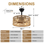 18 Inch Farmhouse Rattan Bladeless Ceiling Fan with Lights and Remote, 3 Speeds Reversible Coastal Caged Fandelier Ceiling Fan