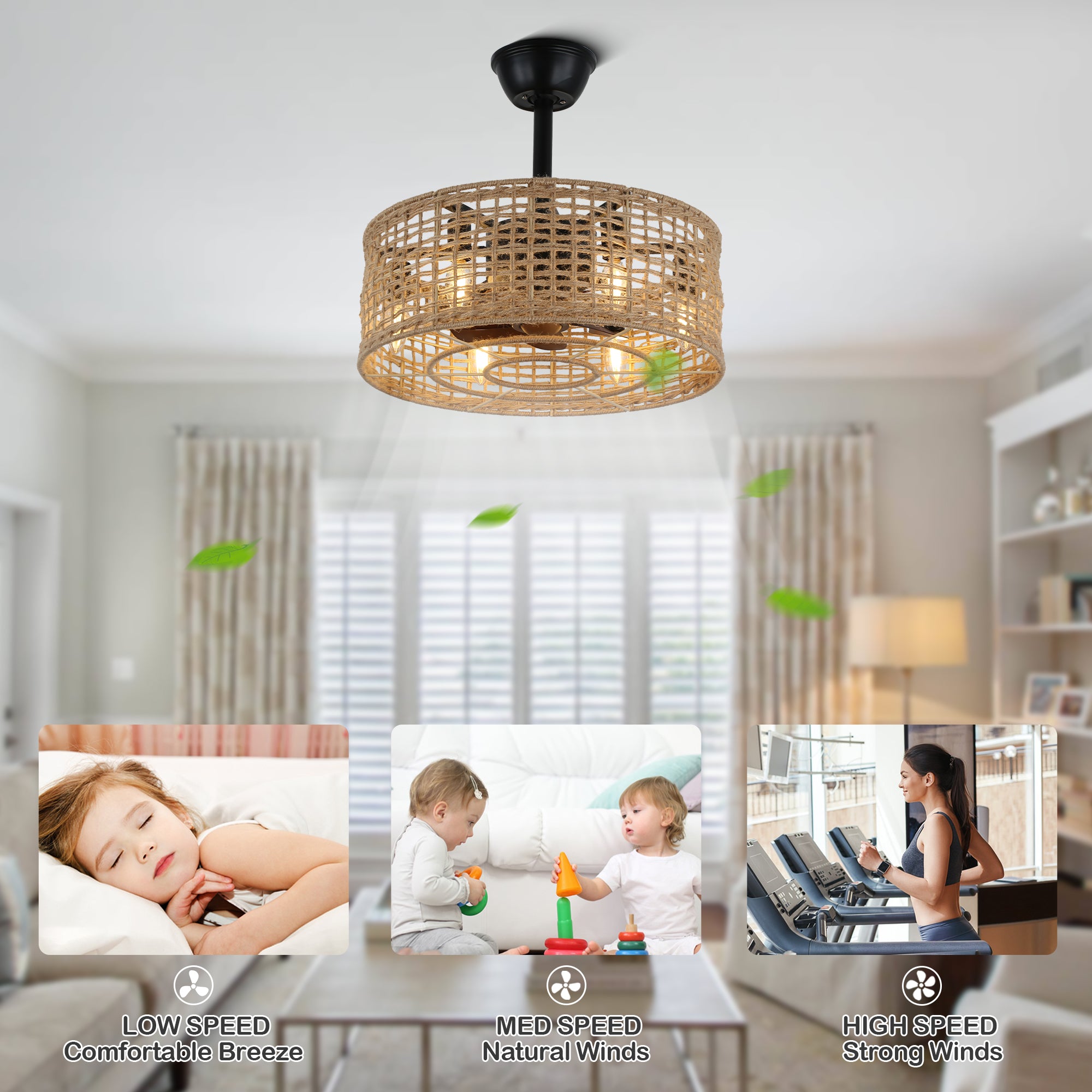 18 Inch Farmhouse Rattan Bladeless Ceiling Fan with Lights and Remote, 3 Speeds Reversible Coastal Caged Fandelier Ceiling Fan