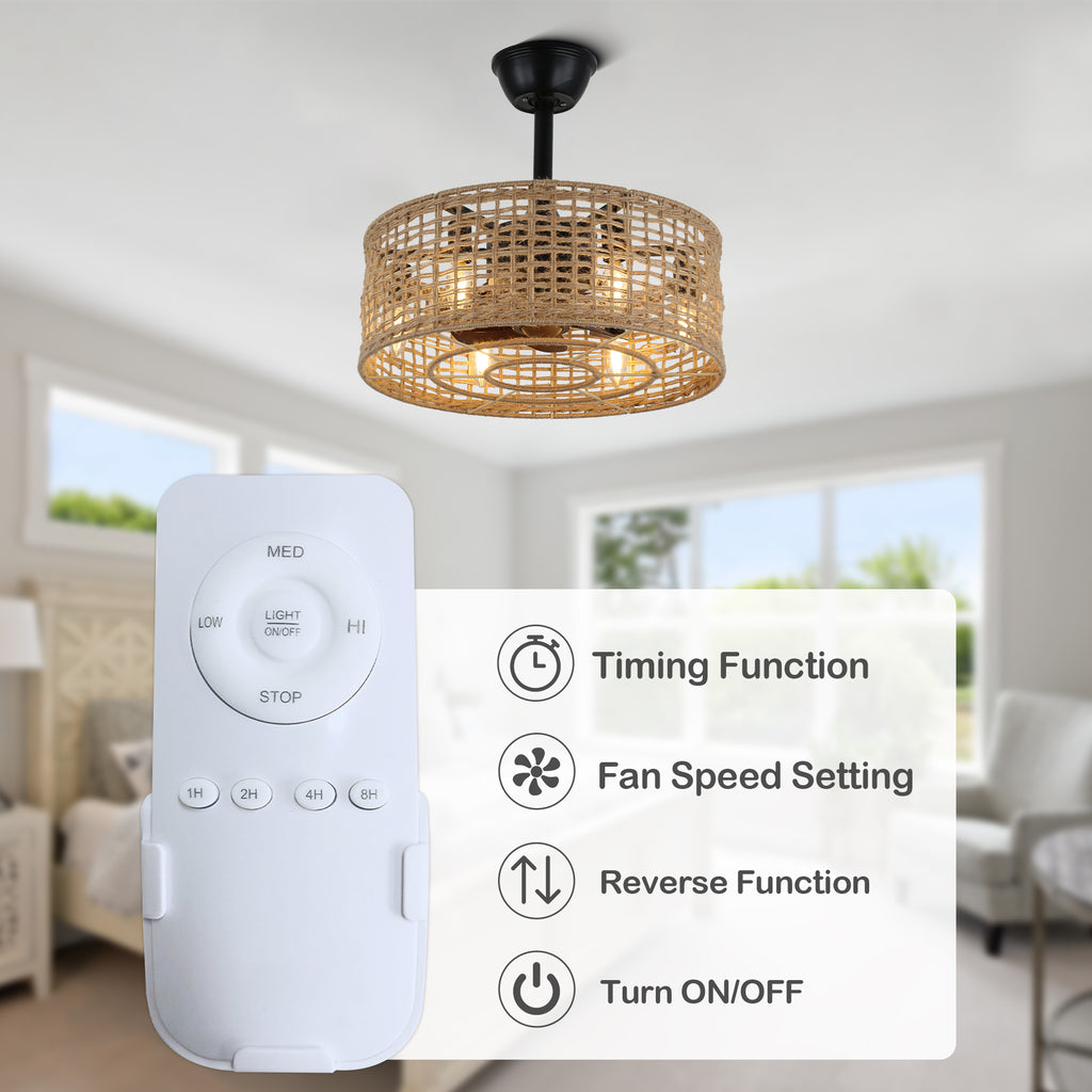 18 Inch Farmhouse Rattan Bladeless Ceiling Fan with Lights and Remote, 3 Speeds Reversible Coastal Caged Fandelier Ceiling Fan
