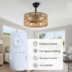 18 Inch Farmhouse Rattan Bladeless Ceiling Fan with Lights and Remote, 3 Speeds Reversible Coastal Caged Fandelier Ceiling Fan