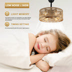 18 Inch Farmhouse Rattan Bladeless Ceiling Fan with Lights and Remote, 3 Speeds Reversible Coastal Caged Fandelier Ceiling Fan