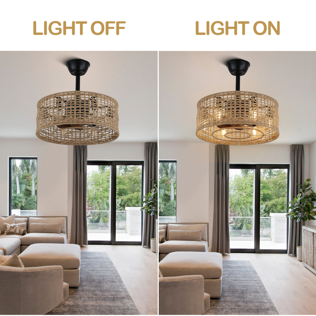 18 Inch Farmhouse Rattan Bladeless Ceiling Fan with Lights and Remote, 3 Speeds Reversible Coastal Caged Fandelier Ceiling Fan