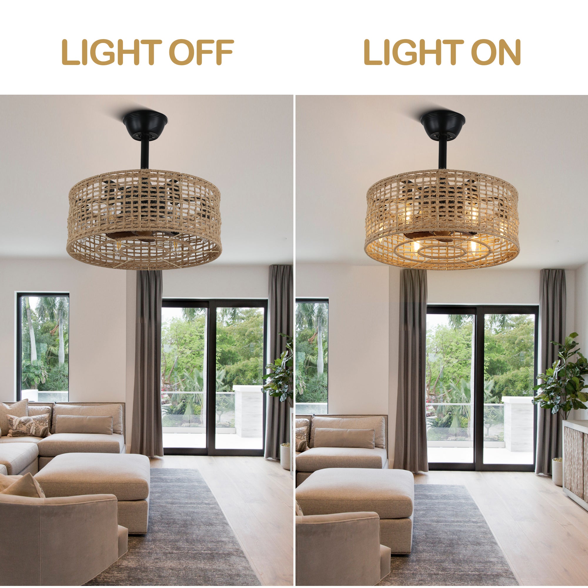 18 Inch Farmhouse Rattan Bladeless Ceiling Fan with Lights and Remote, 3 Speeds Reversible Coastal Caged Fandelier Ceiling Fan