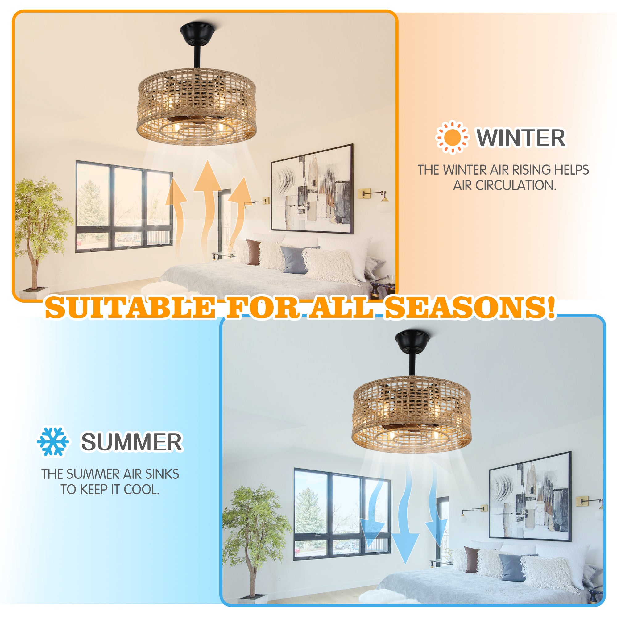 18 Inch Farmhouse Rattan Bladeless Ceiling Fan with Lights and Remote, 3 Speeds Reversible Coastal Caged Fandelier Ceiling Fan