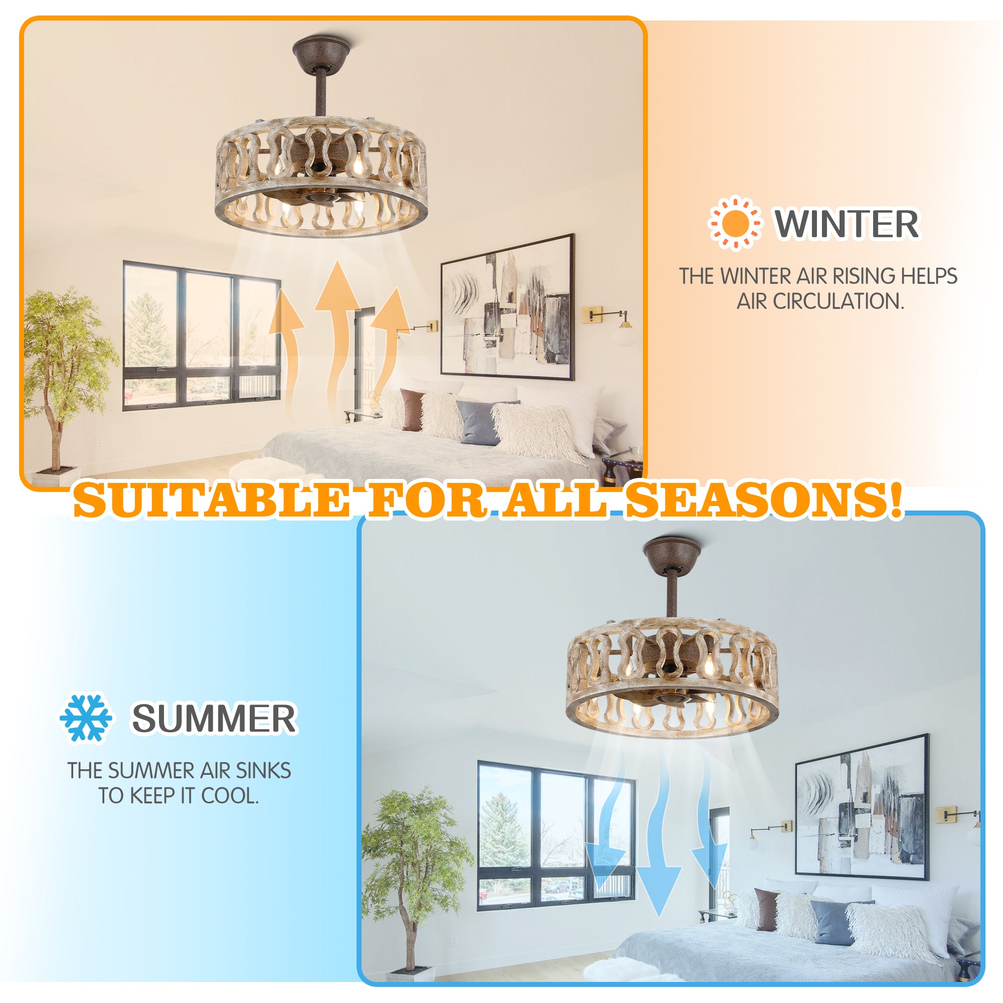 18 Inch Rustic Distressed Bladeless Ceiling Fan with Lights and Remote, 6 Speeds DC Motor Farmhouse Fandelier Ceiling Fan for Bedroom