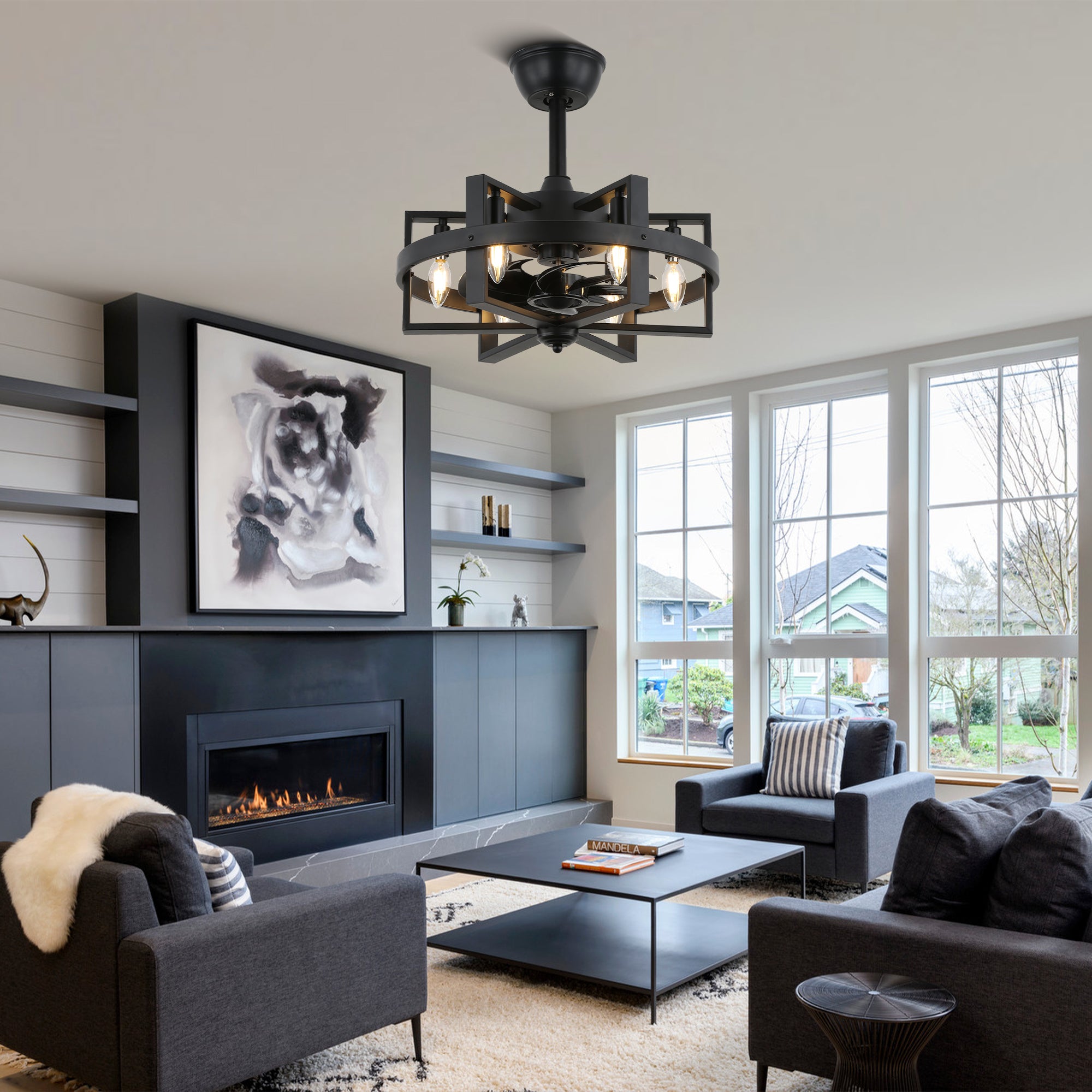 BD1811-BellaDepot 18.5" Industrial Metal Black Reversible Caged Ceiling Fan with Remote and 6 Lights