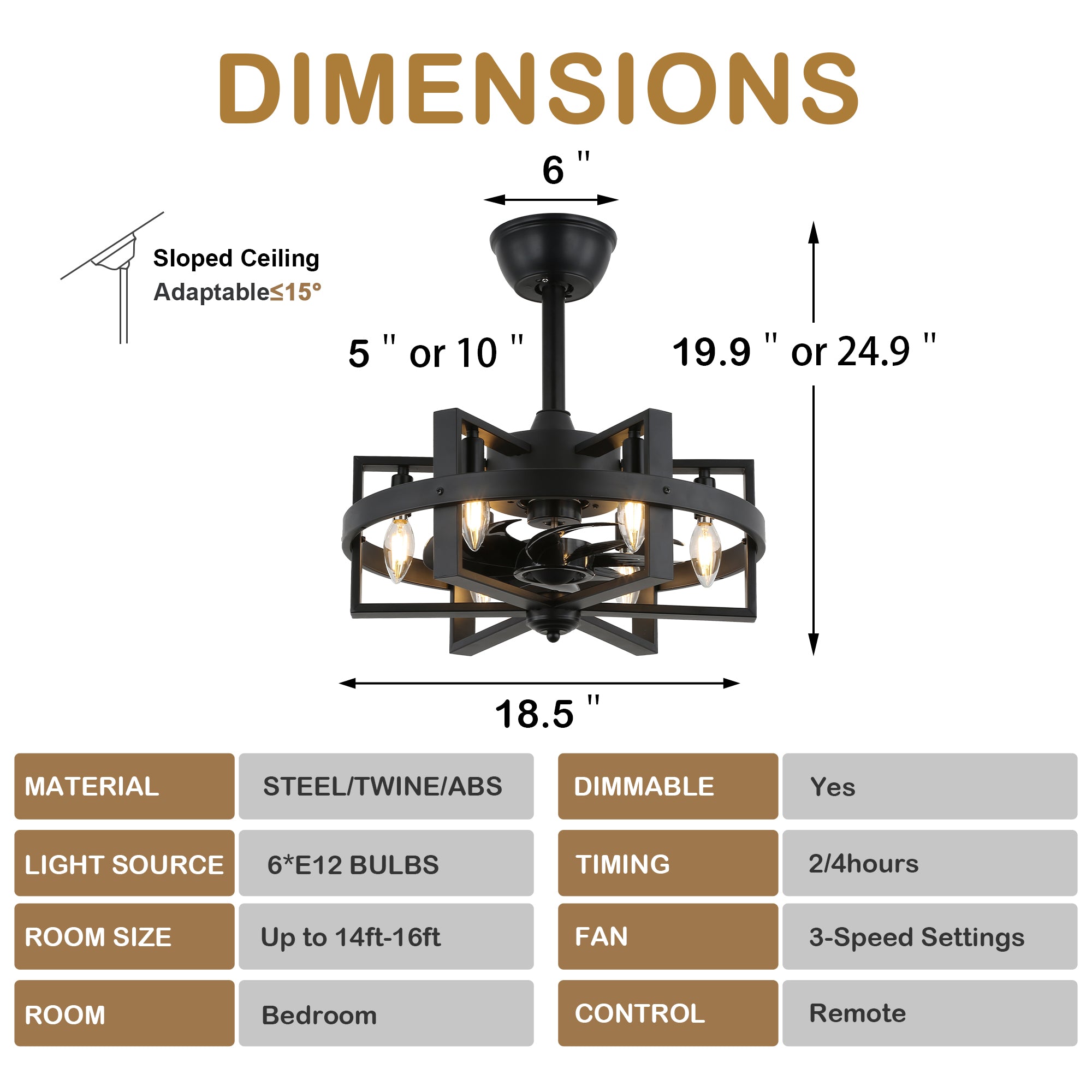 BD1811-BellaDepot 18.5" Industrial Metal Black Reversible Caged Ceiling Fan with Remote and 6 Lights