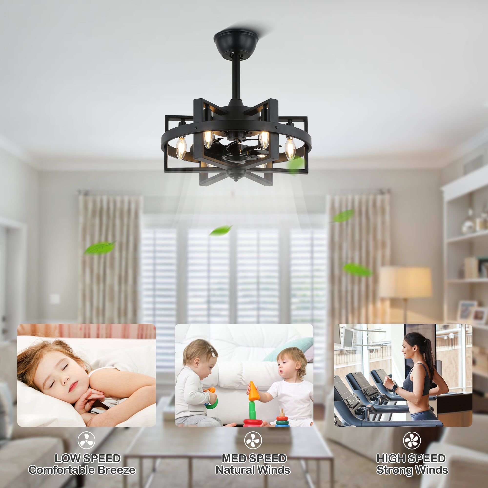 18.5" BellaDepot Industrial Caged Ceiling Fan with 6 Lights & Remote - Black Metal Vintage Style, Reversible Blades, 3 Speeds