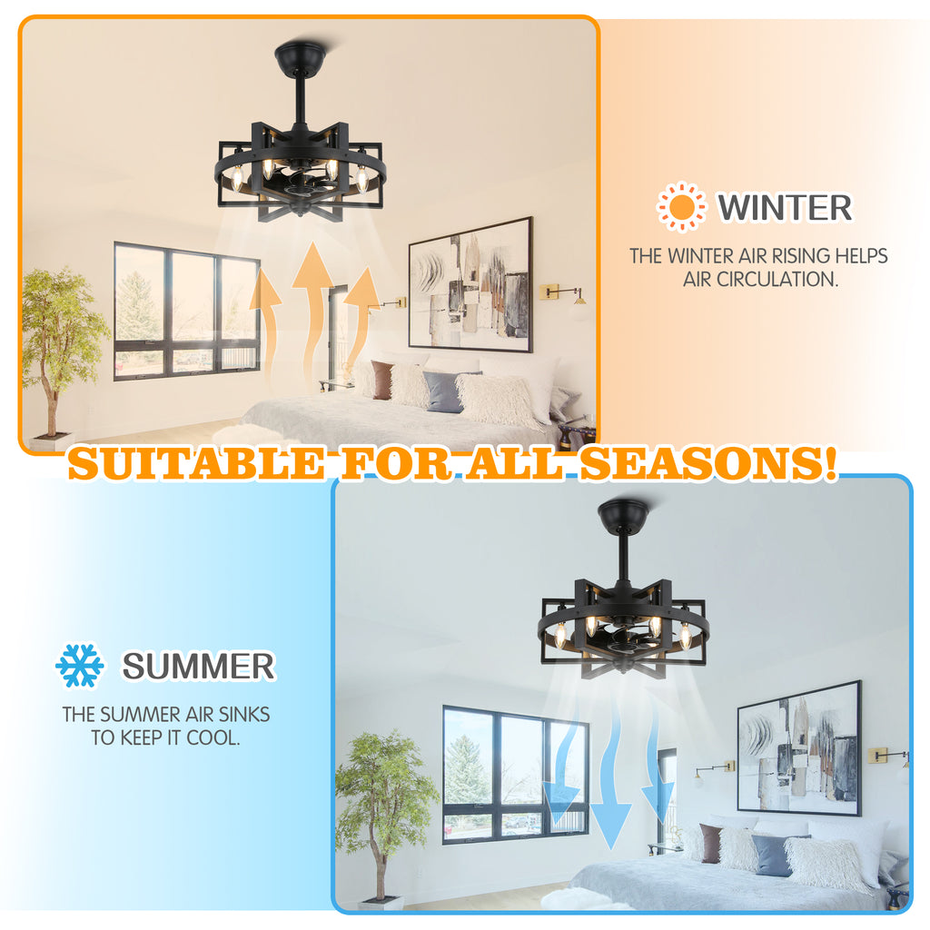 18.5" BellaDepot Industrial Caged Ceiling Fan with 6 Lights & Remote - Black Metal Vintage Style, Reversible Blades, 3 Speeds