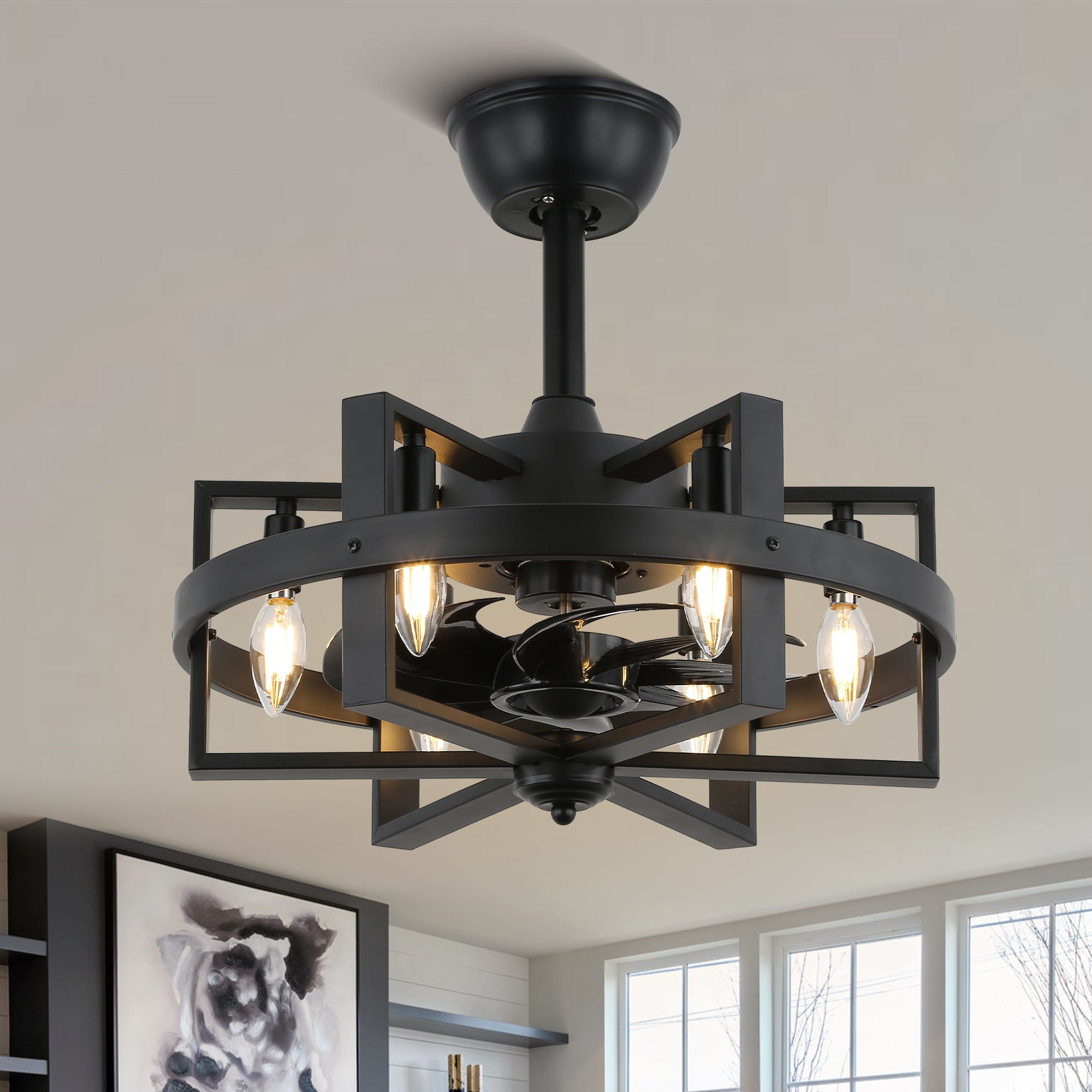 BD1811-BellaDepot 18.5" Industrial Metal Black Reversible Caged Ceiling Fan with Remote and 6 Lights