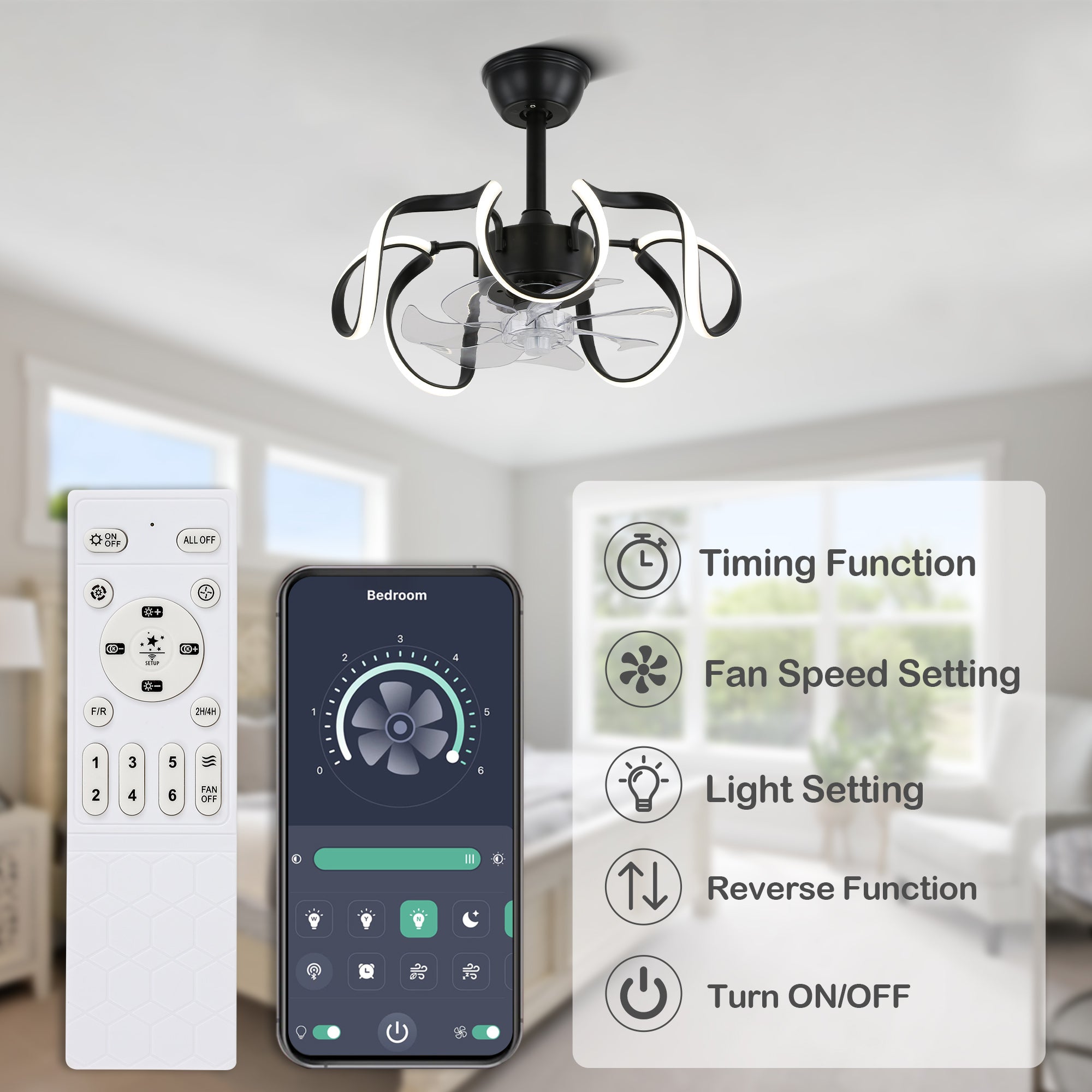 DC1902-BellaDepot 18.9" Urban Modern Bladeless Reversible Ceiling Fan with Remote and LED Light Kit Included, 6 Speeds Ceiling Fan