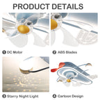 26 Inch Modern Bladeless Flush Mount Ceiling Fan with Lights and Remote, 6 Speeds Low Profile Cartoon Smart Ceiling Fan for Kidroom