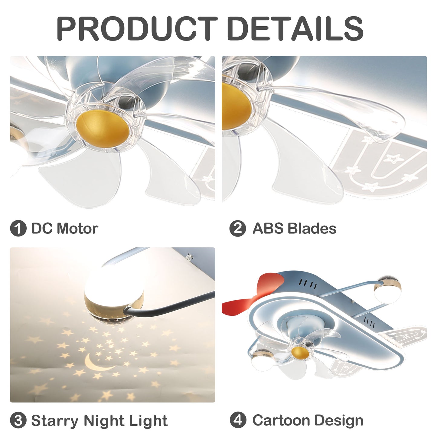 DC2023-26" Childlike Creative Design Dream Plane Low Profile Flush Mounted Ceiling Fan, with LED Light Kit Included and Remote, DC Motor, 6 Speeds, for Summer, All Seasons