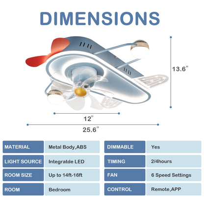 DC2023-26" Childlike Creative Design Dream Plane Low Profile Flush Mounted Ceiling Fan, with LED Light Kit Included and Remote, DC Motor, 6 Speeds, for Summer, All Seasons