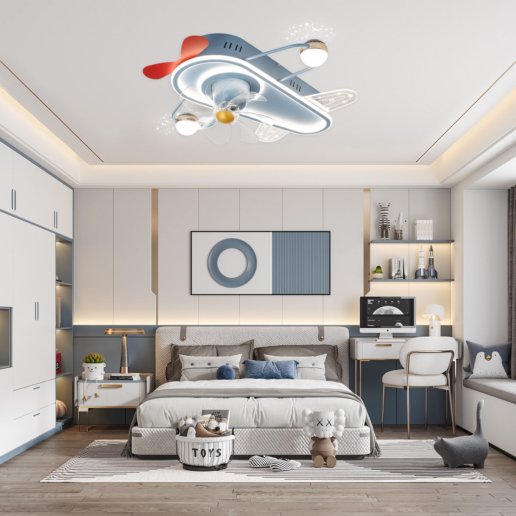 DC2023-BellaDepot 25.6" Childish Plane Shape Low Profile Reversible Ceiling Fan with LED Light Kit Included and Remote, 6 Speed Ceiling Fan