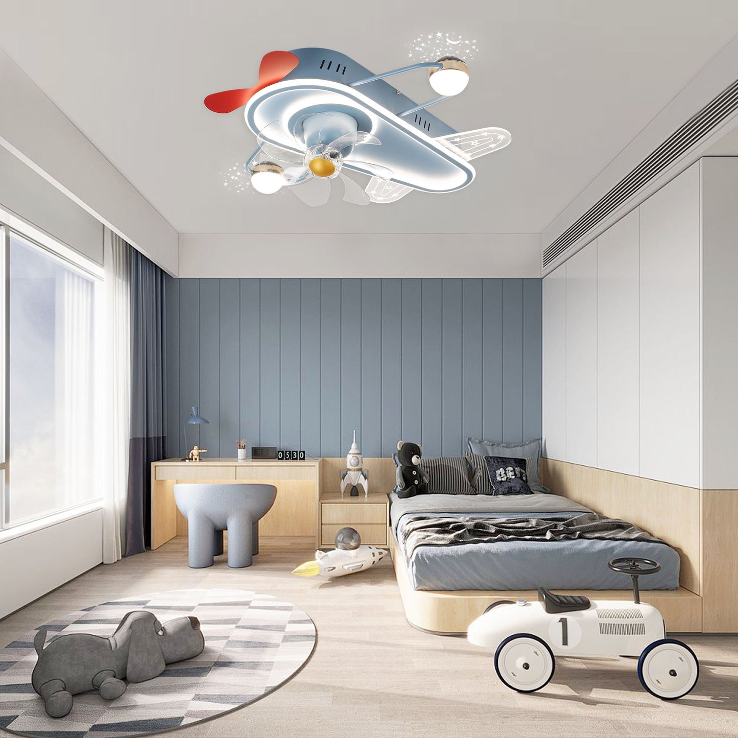 DC2023-26" Childlike Creative Design Dream Plane Low Profile Flush Mounted Ceiling Fan, with LED Light Kit Included and Remote, DC Motor, 6 Speeds, for Summer, All Seasons