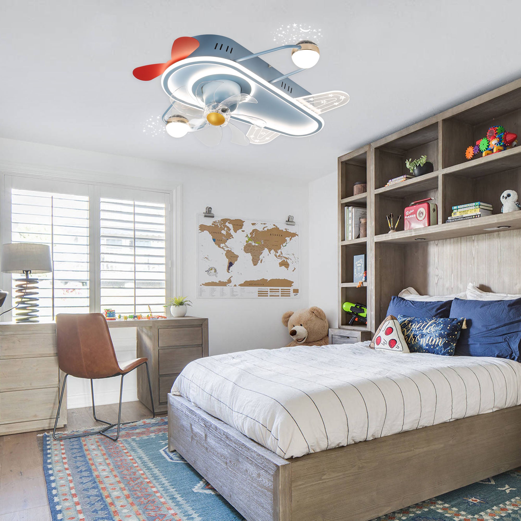 DC2023-BellaDepot 25.6" Childish Plane Shape Low Profile Reversible Ceiling Fan with LED Light Kit Included and Remote, 6 Speed Ceiling Fan