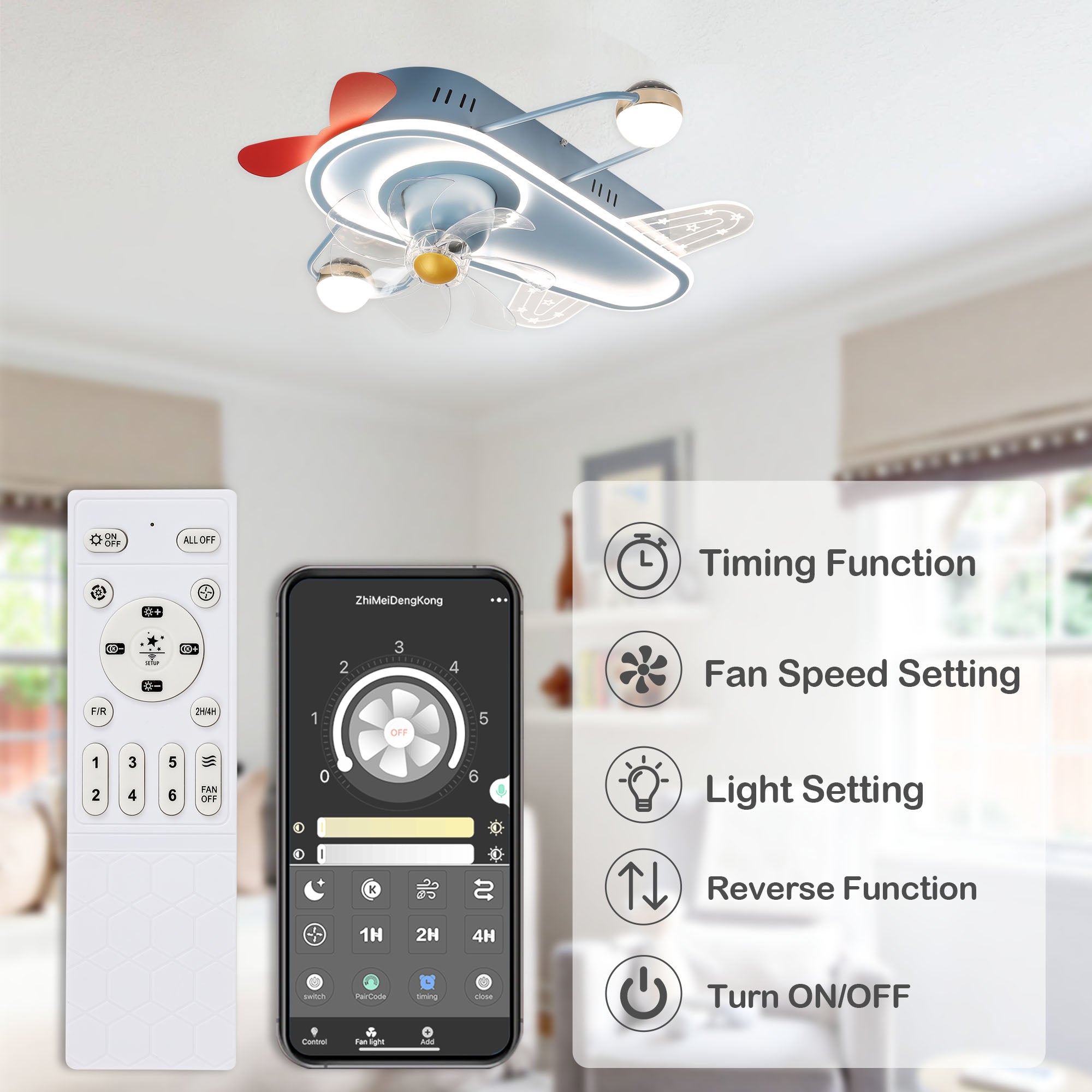 26 Inch Modern Bladeless Flush Mount Ceiling Fan with Lights and Remote, 6 Speeds Low Profile Cartoon Smart Ceiling Fan for Kidroom