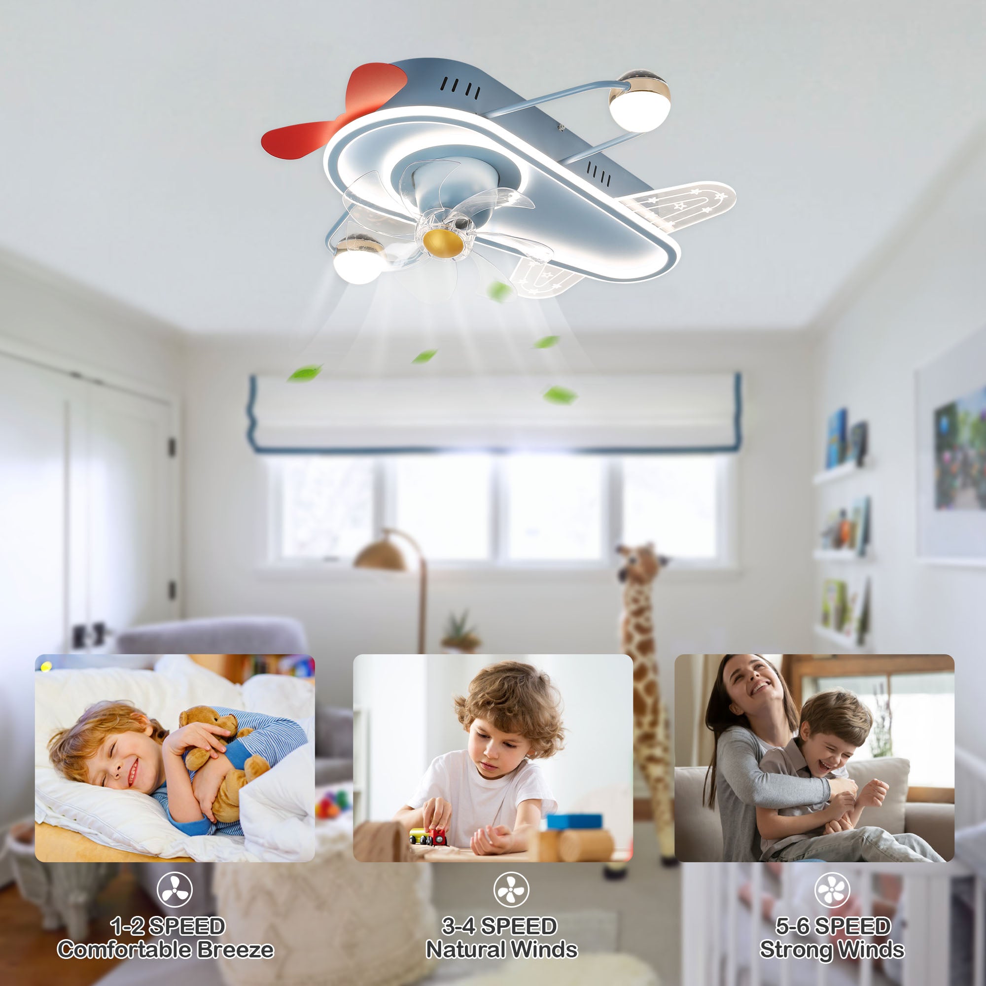 26 Inch Modern Bladeless Flush Mount Ceiling Fan with Lights and Remote, 6 Speeds Low Profile Cartoon Smart Ceiling Fan for Kidroom