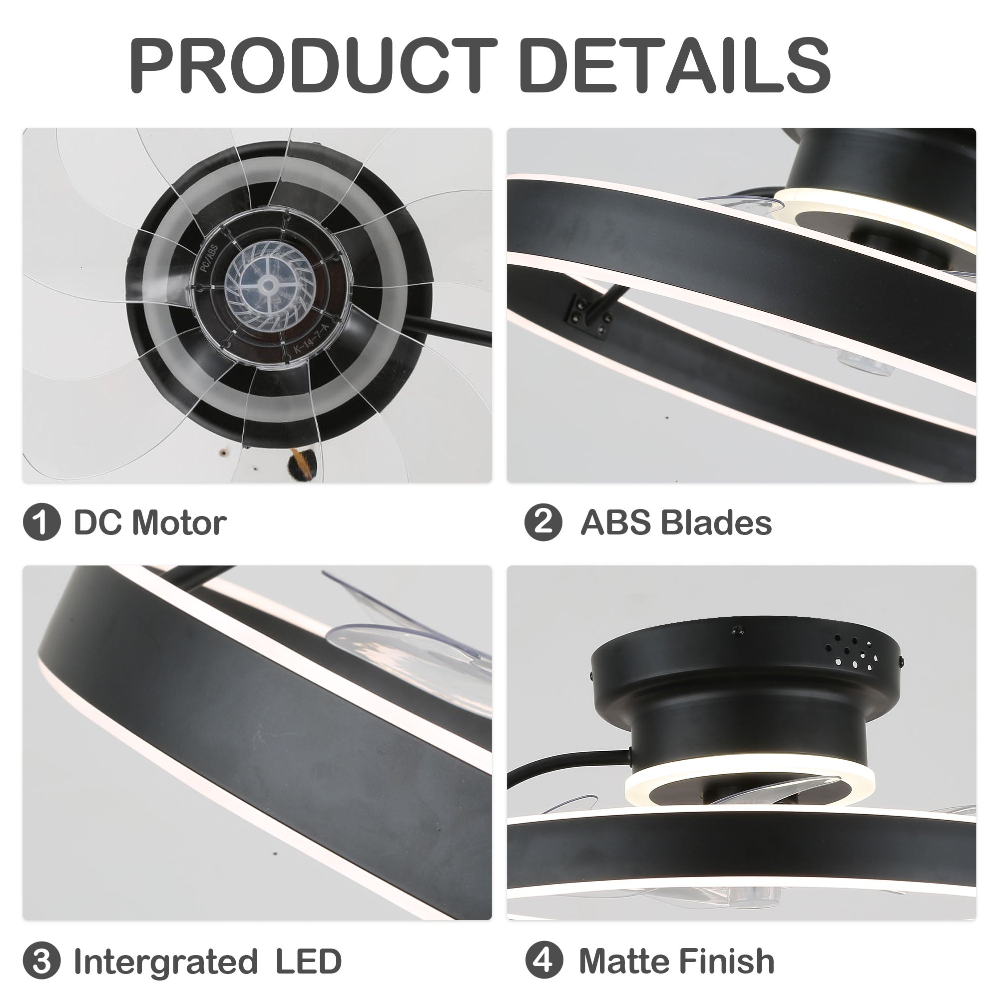 DC2025-BellaDepot 19.7" Modern Home Low Profile Bladeless Reversible Ceiling Fan with LED Light Kit Included and Remote