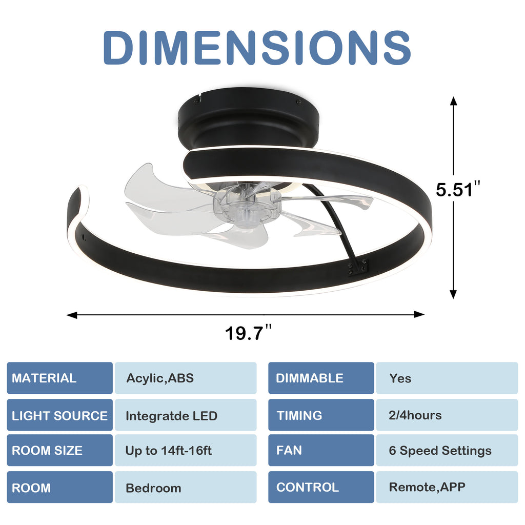 DC2025-BellaDepot 19.7" Modern Home Low Profile Bladeless Reversible Ceiling Fan with LED Light Kit Included and Remote