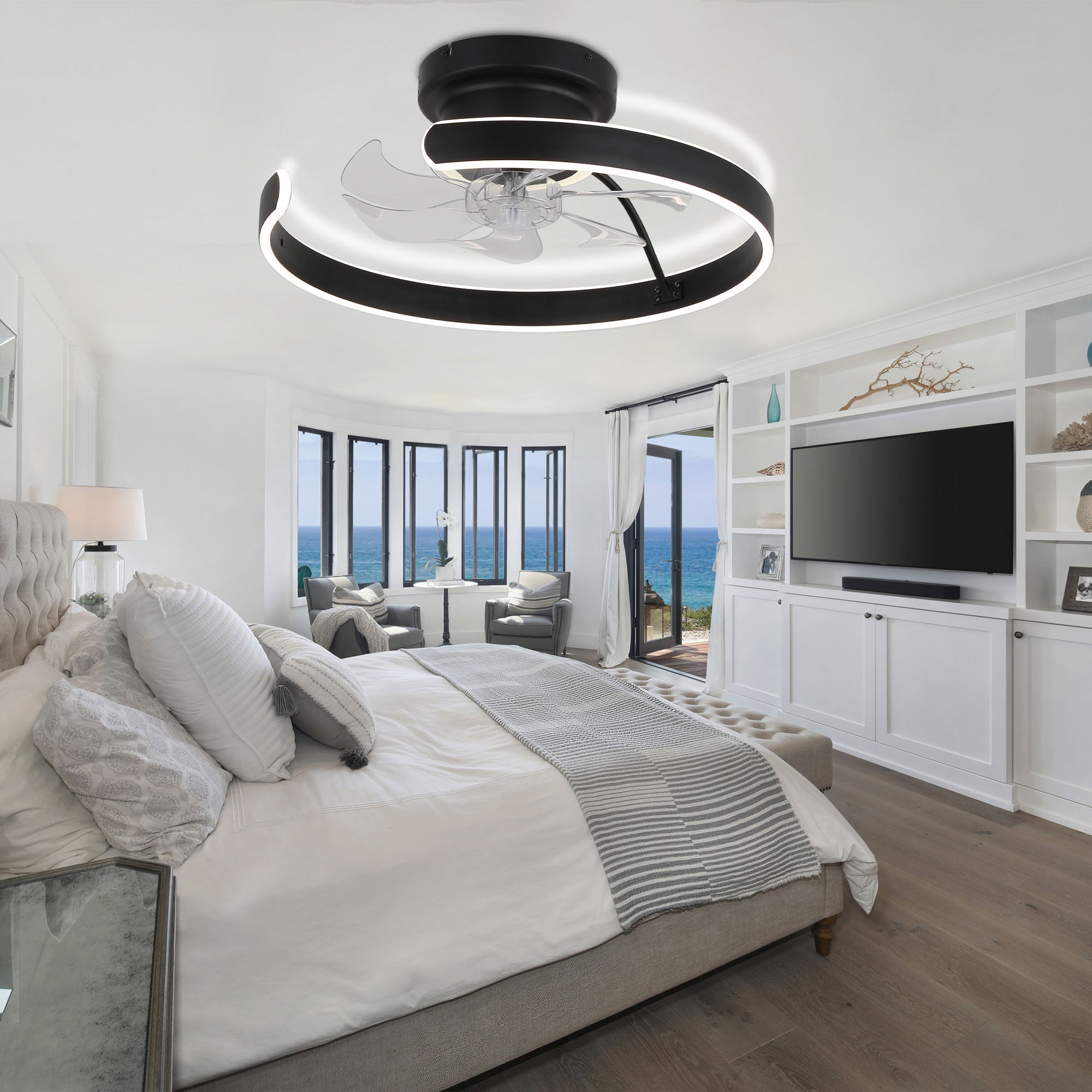 DC2025-BellaDepot 19.7" Modern Home Low Profile Bladeless Reversible Ceiling Fan with LED Light Kit Included and Remote