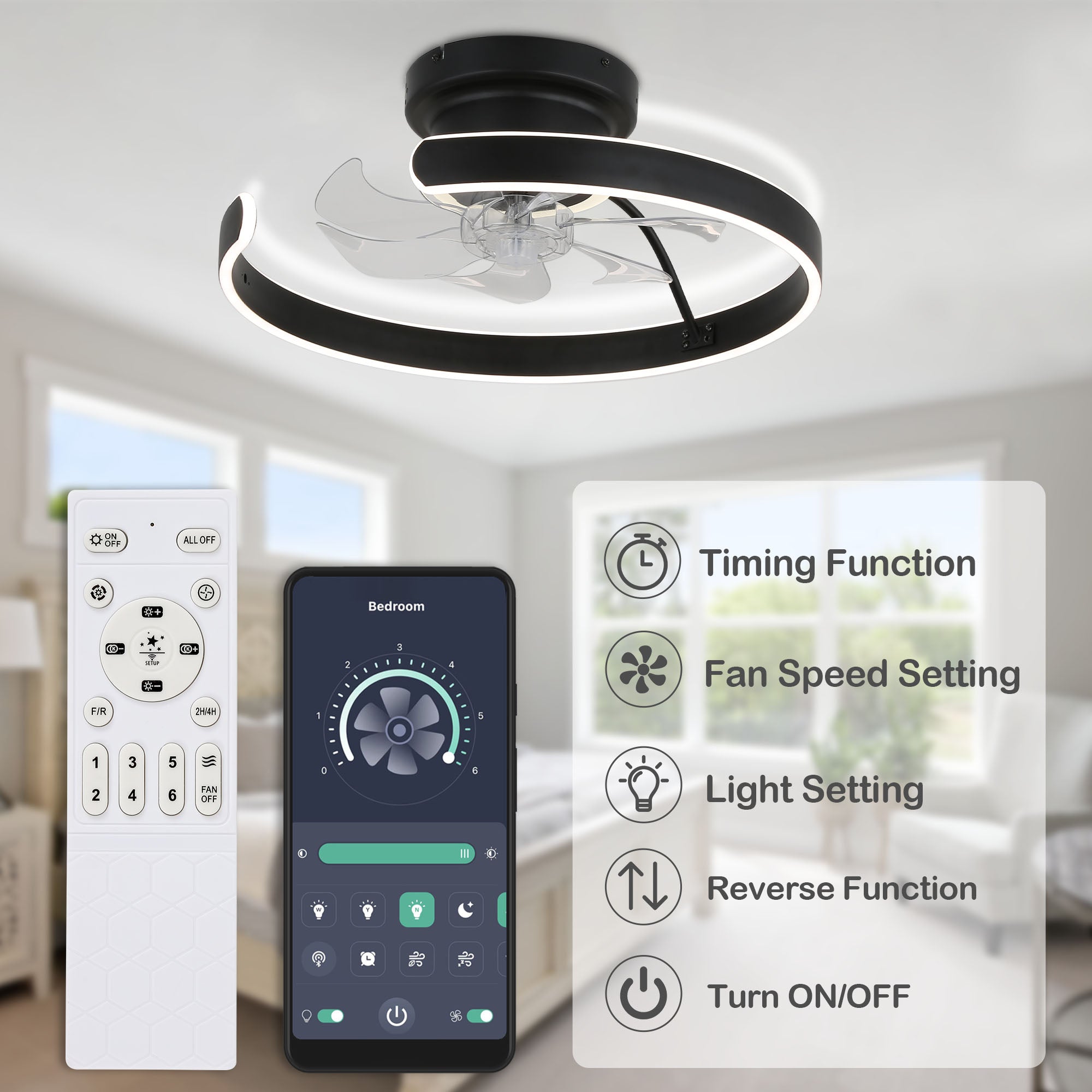 DC2025-BellaDepot 19.7" Modern Home Low Profile Bladeless Reversible Ceiling Fan with LED Light Kit Included and Remote