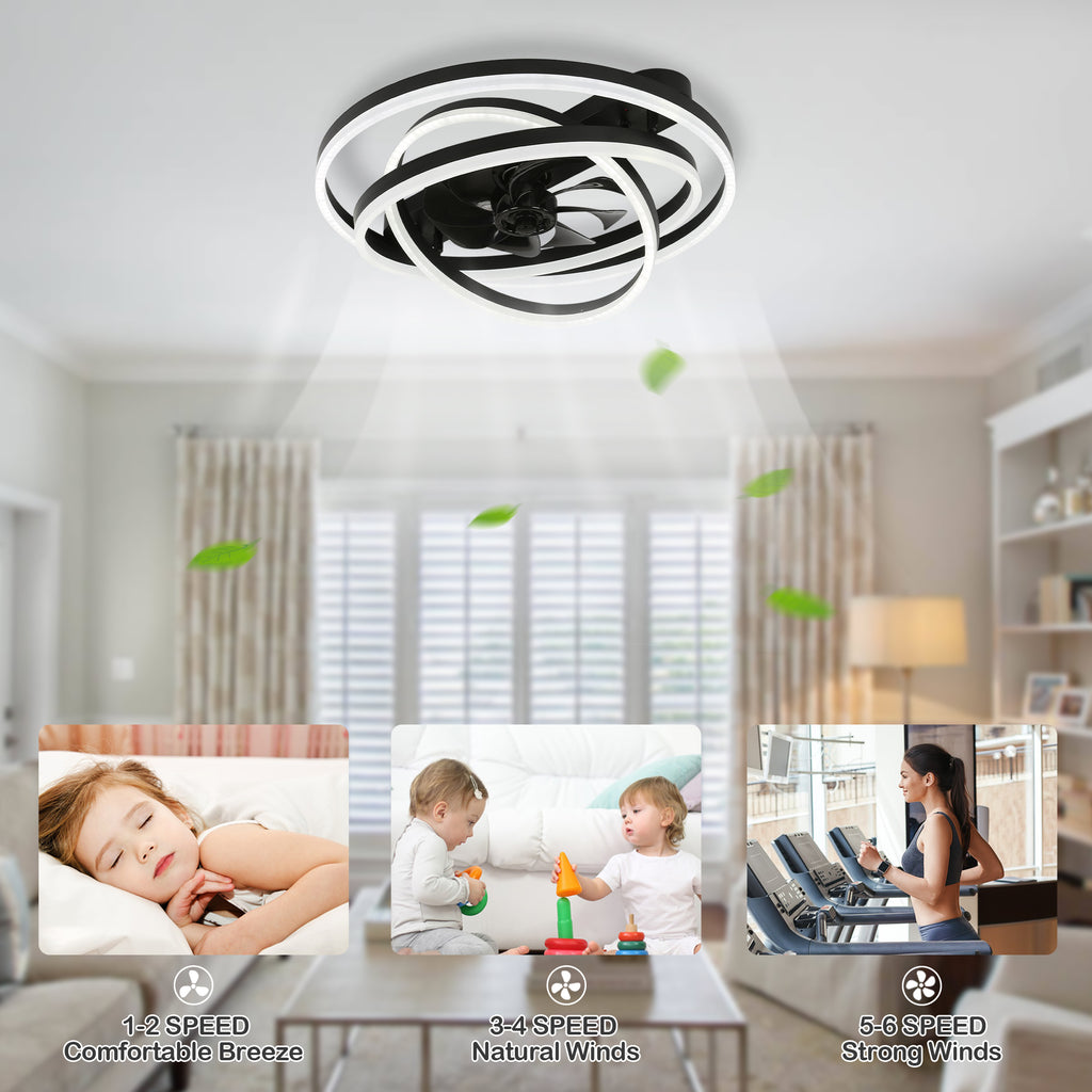 24 Inch Modern Smart Flush Mount LED Ceiling Fan with Light and Remote, 6 Speeds DC Motor Bladeless Low Profile Ceiling Fan