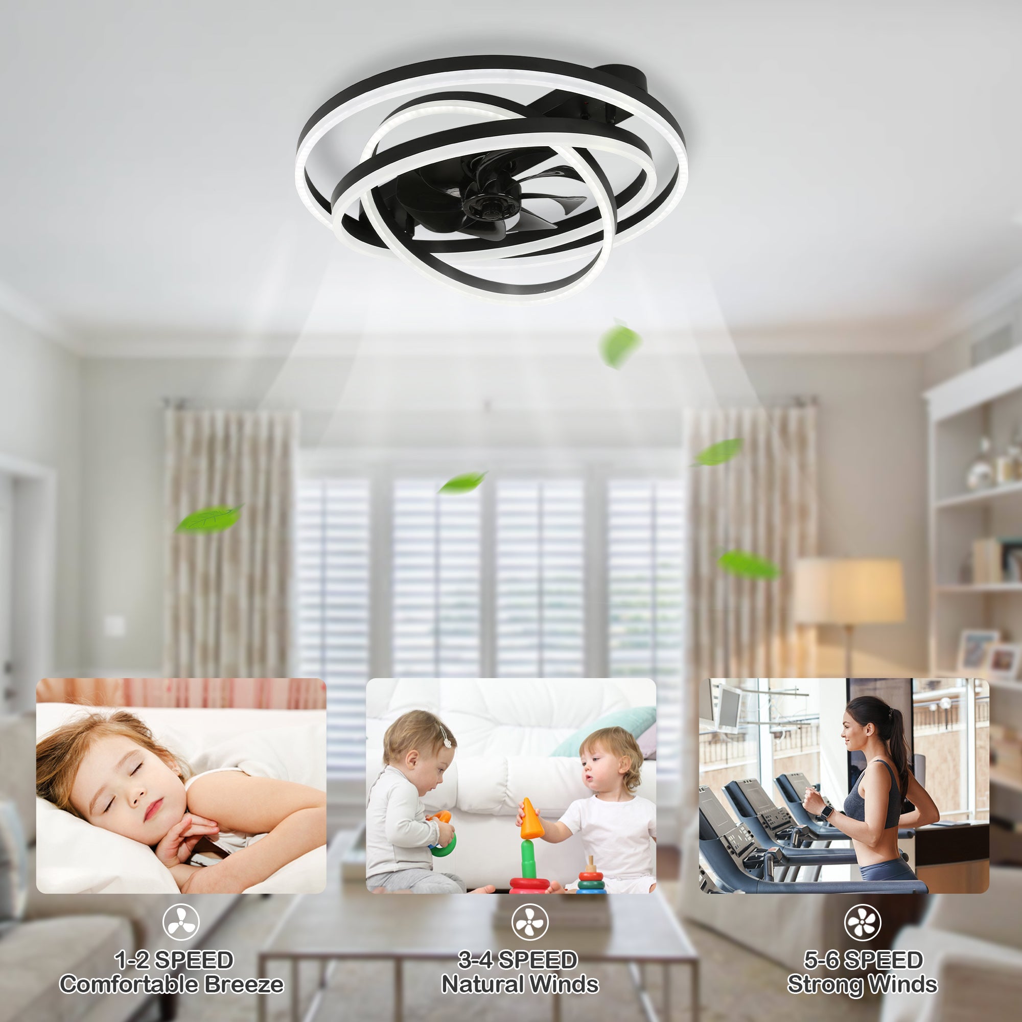 24 Inch Modern Smart Flush Mount LED Ceiling Fan with Light and Remote, 6 Speeds DC Motor Bladeless Low Profile Ceiling Fan