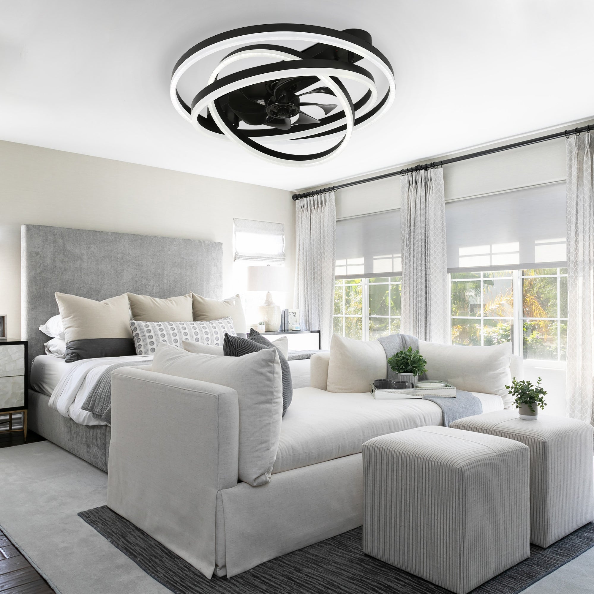 DC2401-BellaDepot 23.6" Black/Chrome/Brown/White/Nickel Finish DIY Shape Low Profile Reversible Ceiling Fan with Remote Control and LED Light Kit Included