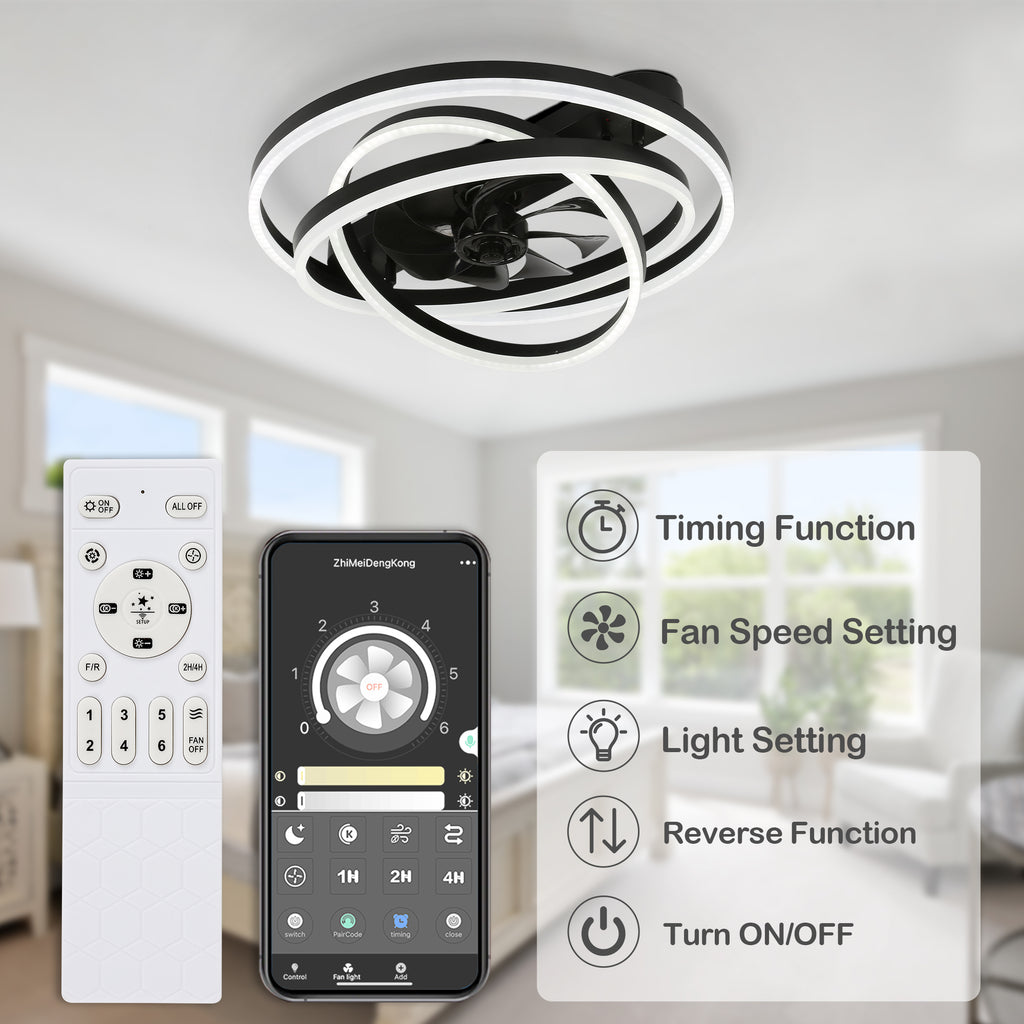 24 Inch Modern Smart Flush Mount LED Ceiling Fan with Light and Remote, 6 Speeds DC Motor Bladeless Low Profile Ceiling Fan