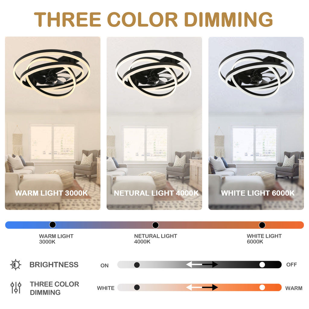 24 Inch Modern Smart Flush Mount LED Ceiling Fan with Light and Remote, 6 Speeds DC Motor Bladeless Low Profile Ceiling Fan