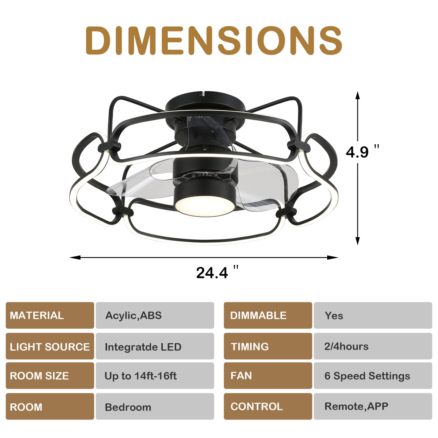 DC2501-24.4" Low Profile Flush Mounted Ceiling Fan with Remote and LED Light Kit Included