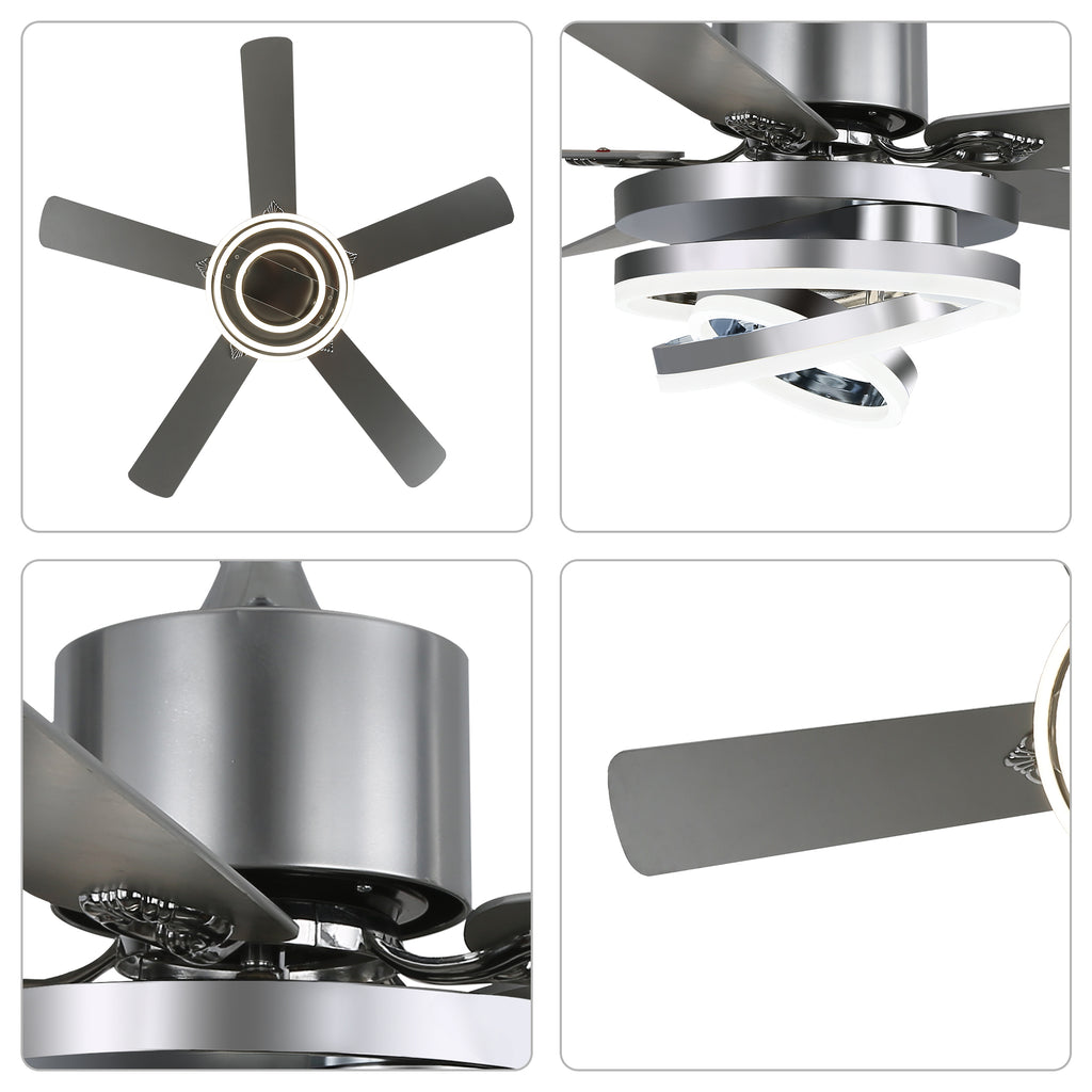 52 Inch Black/Chrome Modern Ceiling Fan with LED Light and Remote Control, 6 Speeds DC Motor Reversible Ceiling Fan with DIY Shade