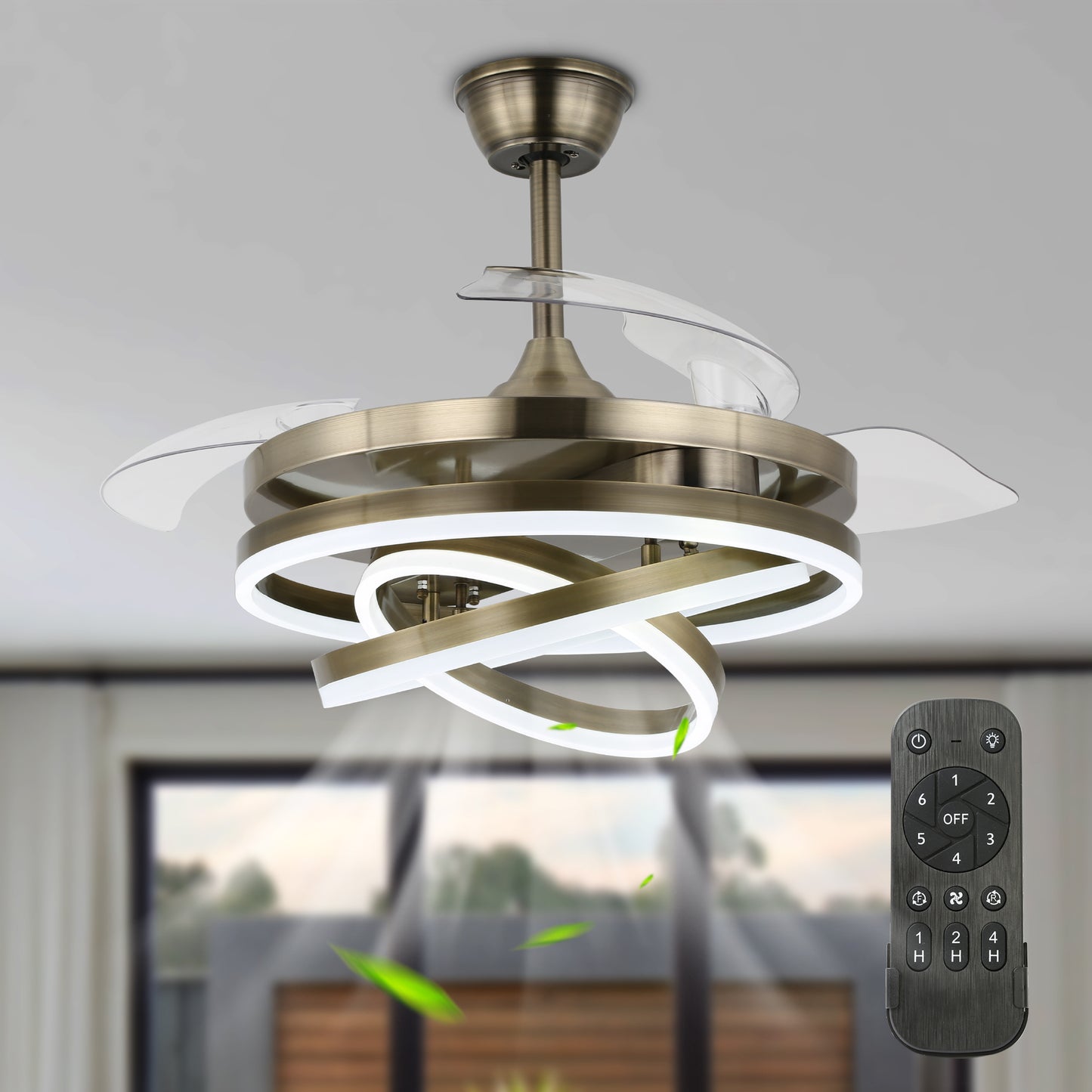42" Indoor Modern Retractable LED Ceiling Fan with Remote Control and Dimmable Light