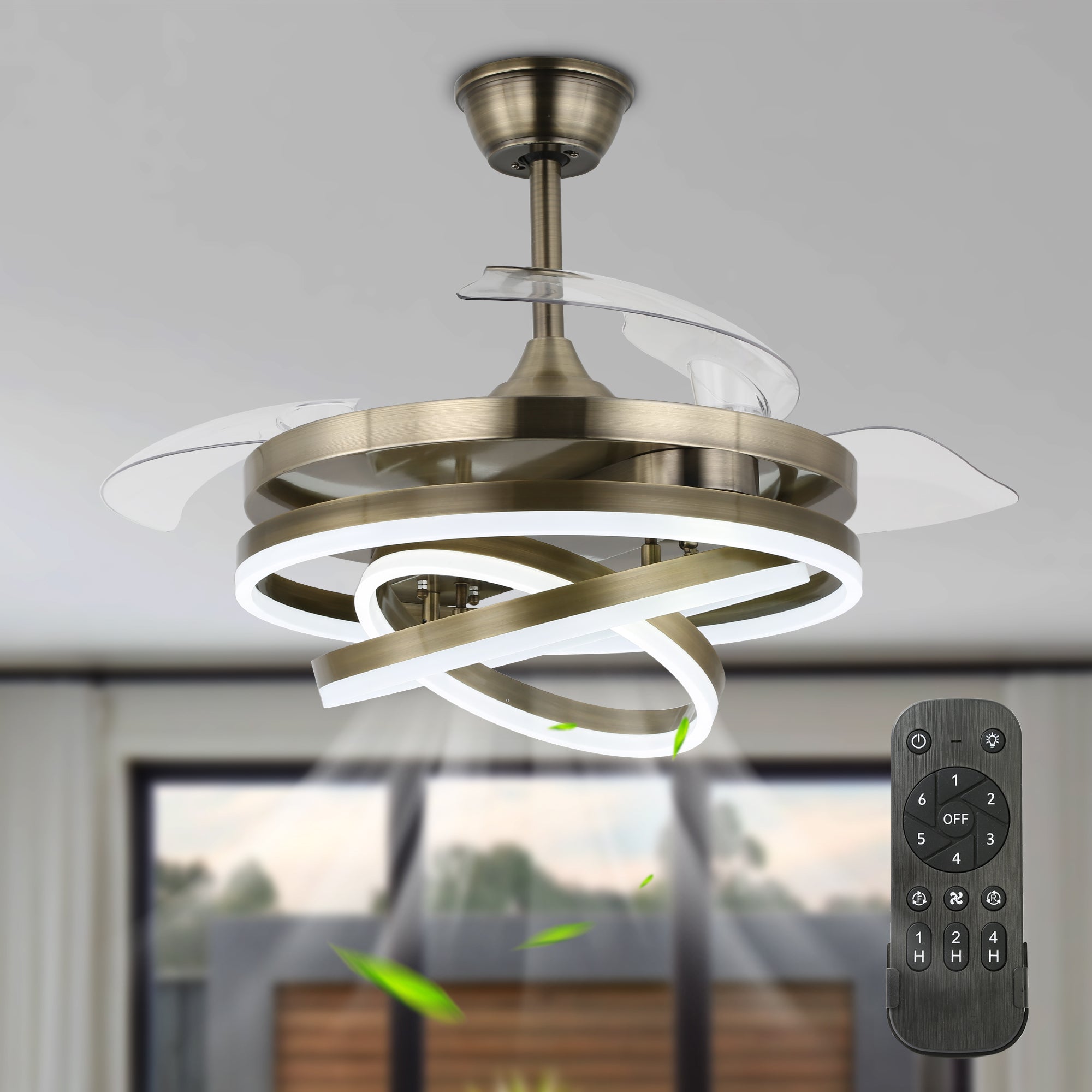 DC3664-BellaDepot 36" Chrome/Nickel/Brown DIY Shape Reversible Ceiling Fan with Remote and LED Light Kit Included, Retractable Ceiling Fan