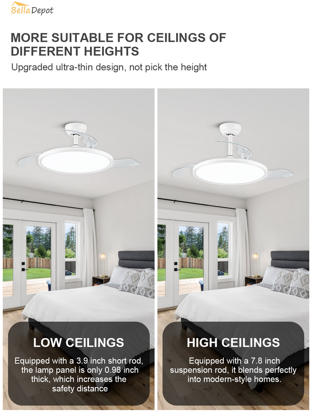 Modern 42 Inch Retractable Ceiling Fan with Light Dimmable LED Light and Quiet DC Motor Ceiling Fan Smart Control Ceiling Fan with Light Suit for Living Room, Bedroom and Kitchen
