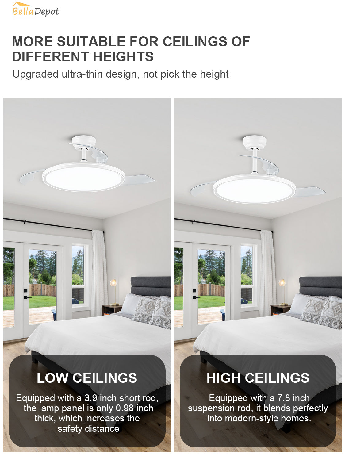 Modern 42 Inch Retractable Ceiling Fan with Light Dimmable LED Light and Quiet DC Motor Ceiling Fan Smart Control Ceiling Fan with Light Suit for Living Room, Bedroom and Kitchen