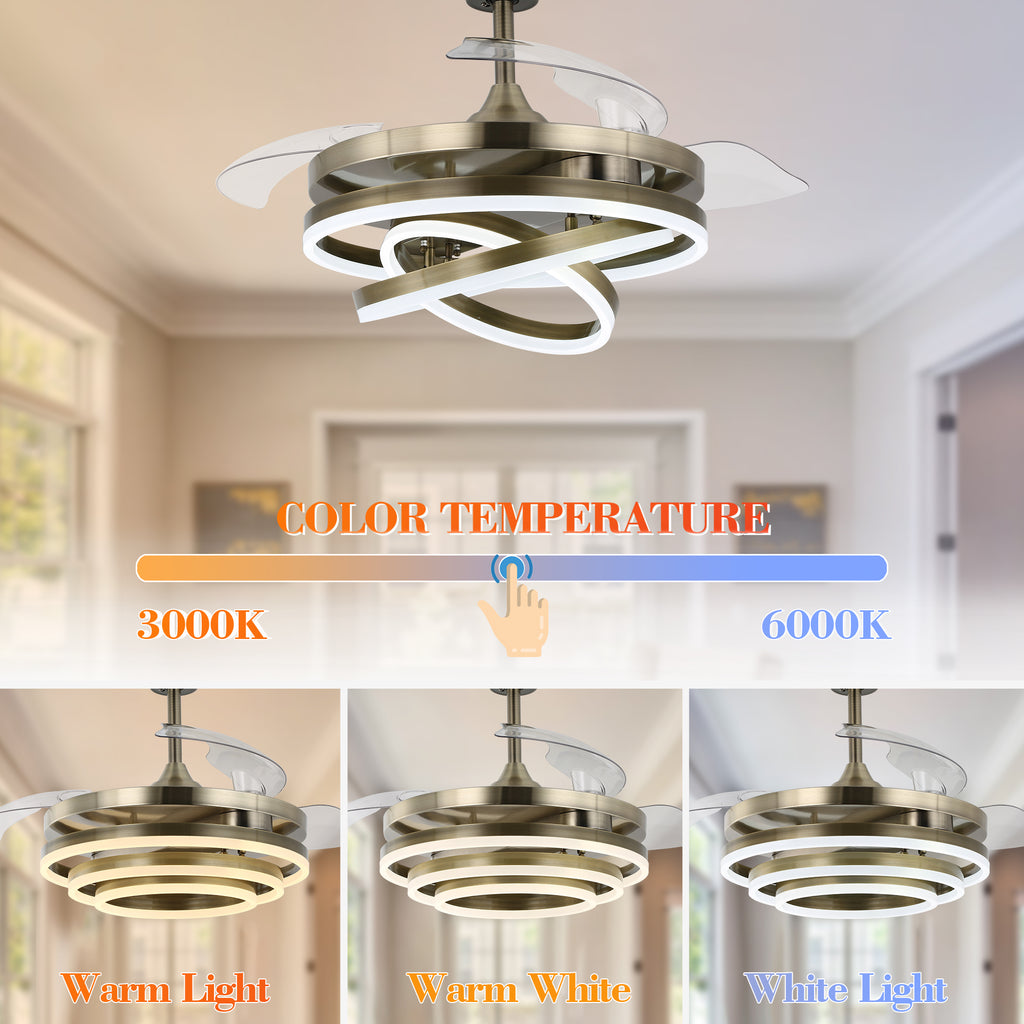 42 Inch Modern Smart Retractable Ceiling Fan with LED Light and Remote, 6 Speeds DC Motor Bladeless Ceiling Fan with DIY Shade