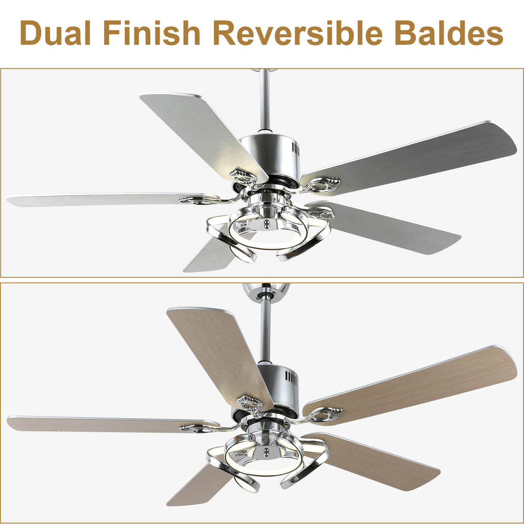 52 Inch Black/Chrome Modern Ceiling Fan with Led Light and Remote Control, 6 Speeds DC Motor Reversible Ceiling Fan for Living Room