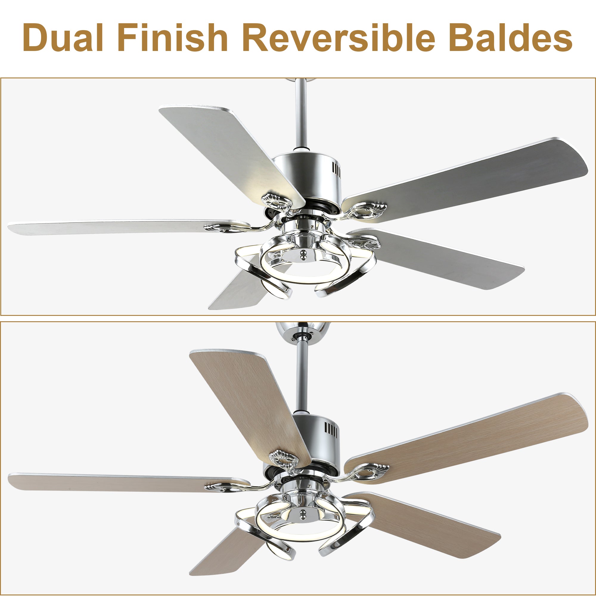 52 Inch Black/Chrome Modern Ceiling Fan with Led Light and Remote Control, 6 Speeds DC Motor Reversible Ceiling Fan for Living Room