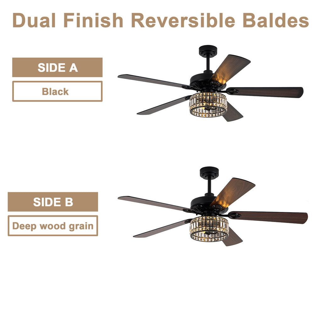 Luxury 60 Inch Crystal Caged Ceiling Fan with Light Reversible Quiet DC Motor and Remote Control Ceiling Fan Wood Blades Ceiling Fan Suit for Bedroom, Living Room, Kitchen