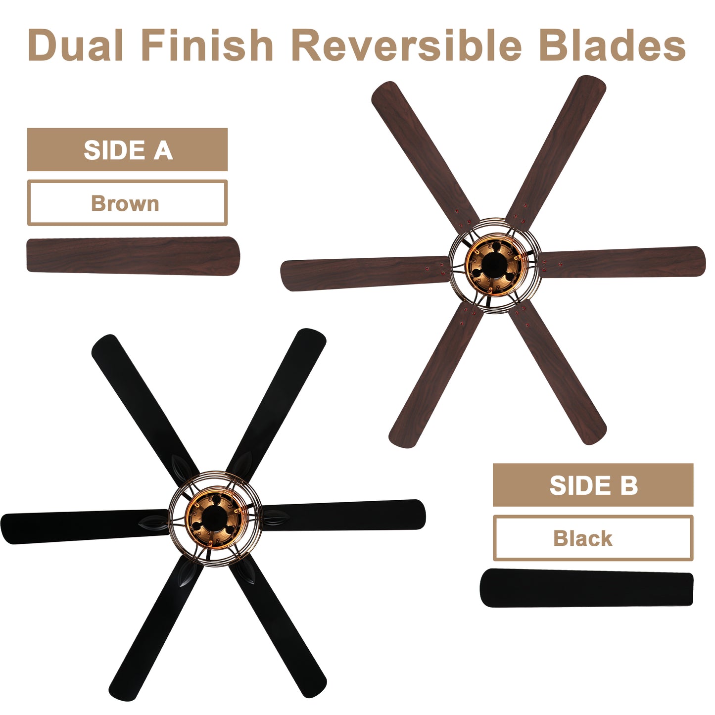 BellaDepot 65" Farmhouse Industrial Brown Large Size Ceiling Fan with Remote Control, Silent Motor 6 Speeds Straight Leaf Fan with 3 Lights - DC6507