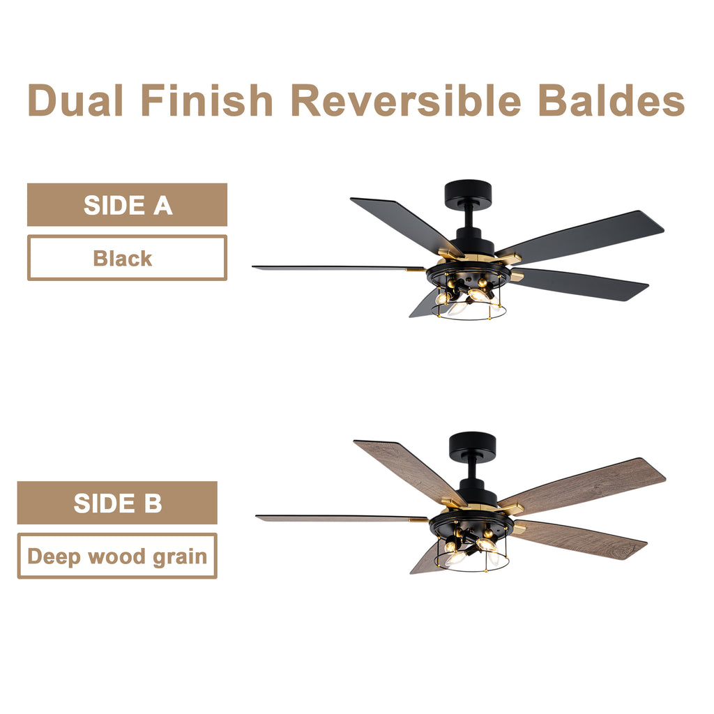 Industrial 52 Inch Gold/Black Caged Ceiling Fan with Light Quiet Reversible DC Motor with 6 Speed Remote Control Ceiling Fan 5 Blades Ceiling Fan Suit for Kitchen Bedroom Living Room
