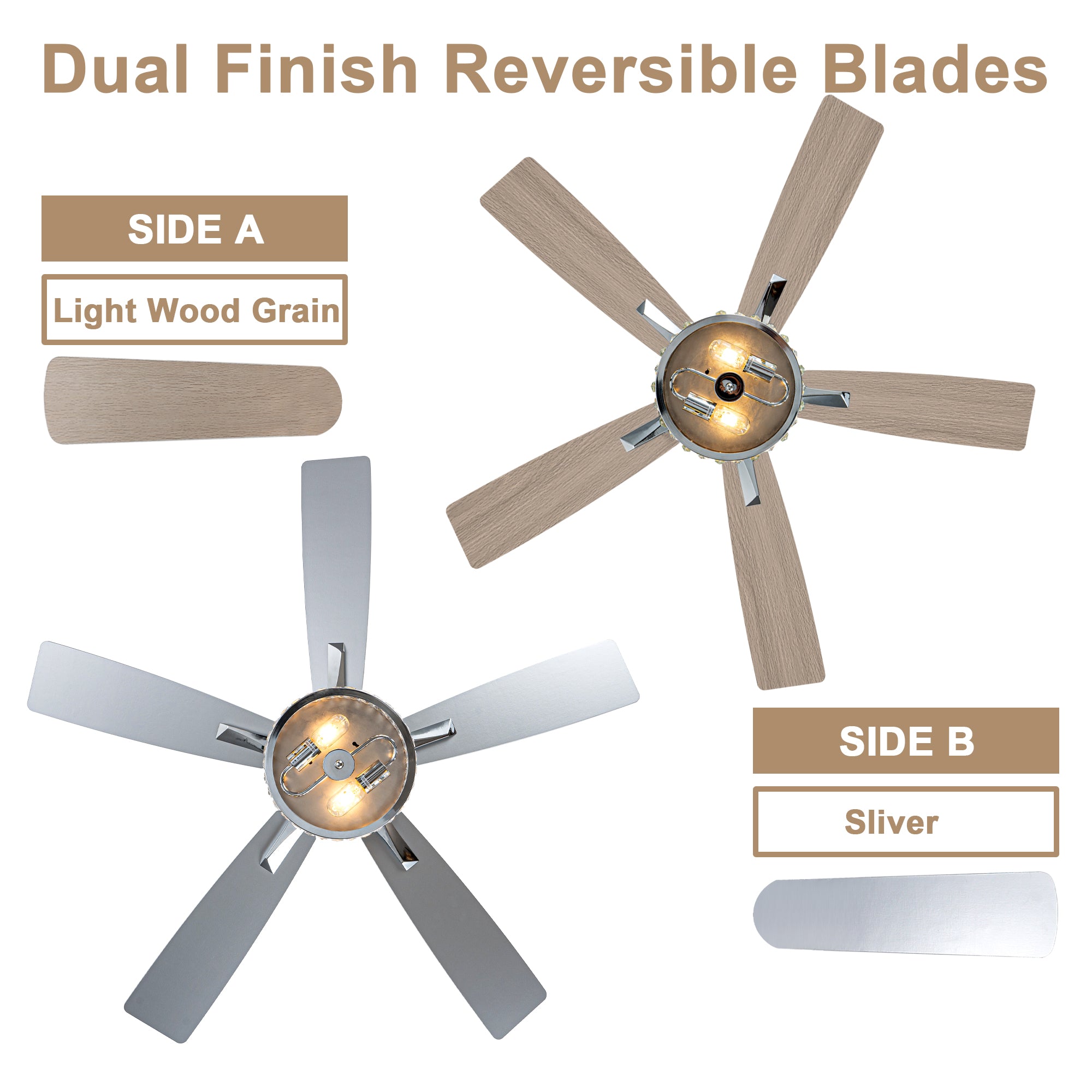 52 Inch Luxury Crystal Caged Chrome Ceiling Fan with Remote, 6-Speed Adjustable, Light Included, Reversible Blades for Living Room & More