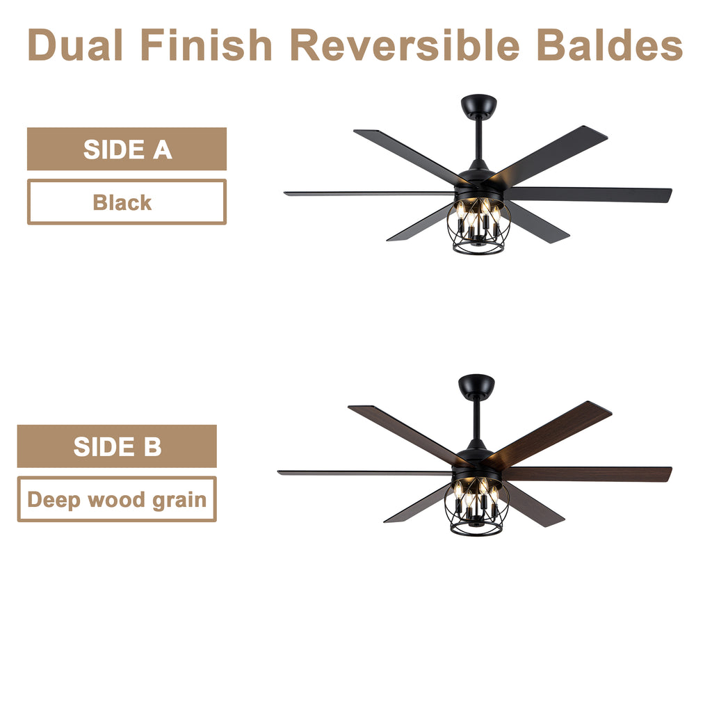 Industrial 60 Inch Caged Ceiling Fan with Light 6 Wood Blades Reversible Quiet DC Motor Ceiling Fan 3 Downrods with Remote Control Ceiling Fan Suit for Living Room, Bedroom